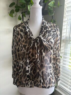 Leopard Print Tie-Neck Blouse in Brown